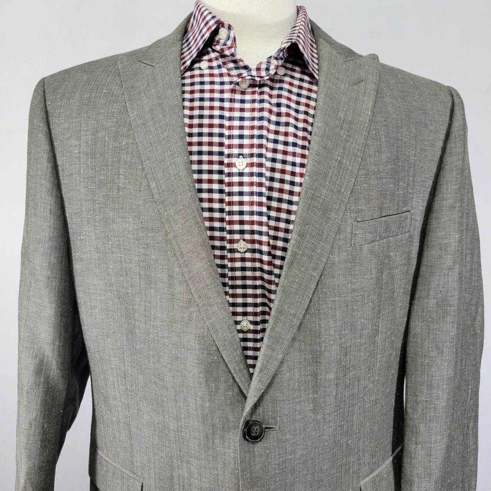 Calvin Klein Men's Sport‎ Coat Blazer Two Button Gray Herringbone Linen Wool 46R